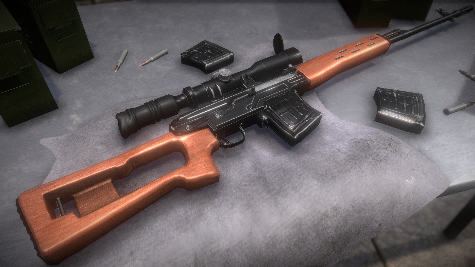 This is a model of a Dragunov SVD Sniper Rifle.  It was created in Maya, Mudbox, Quixel Suite, and Photoshop