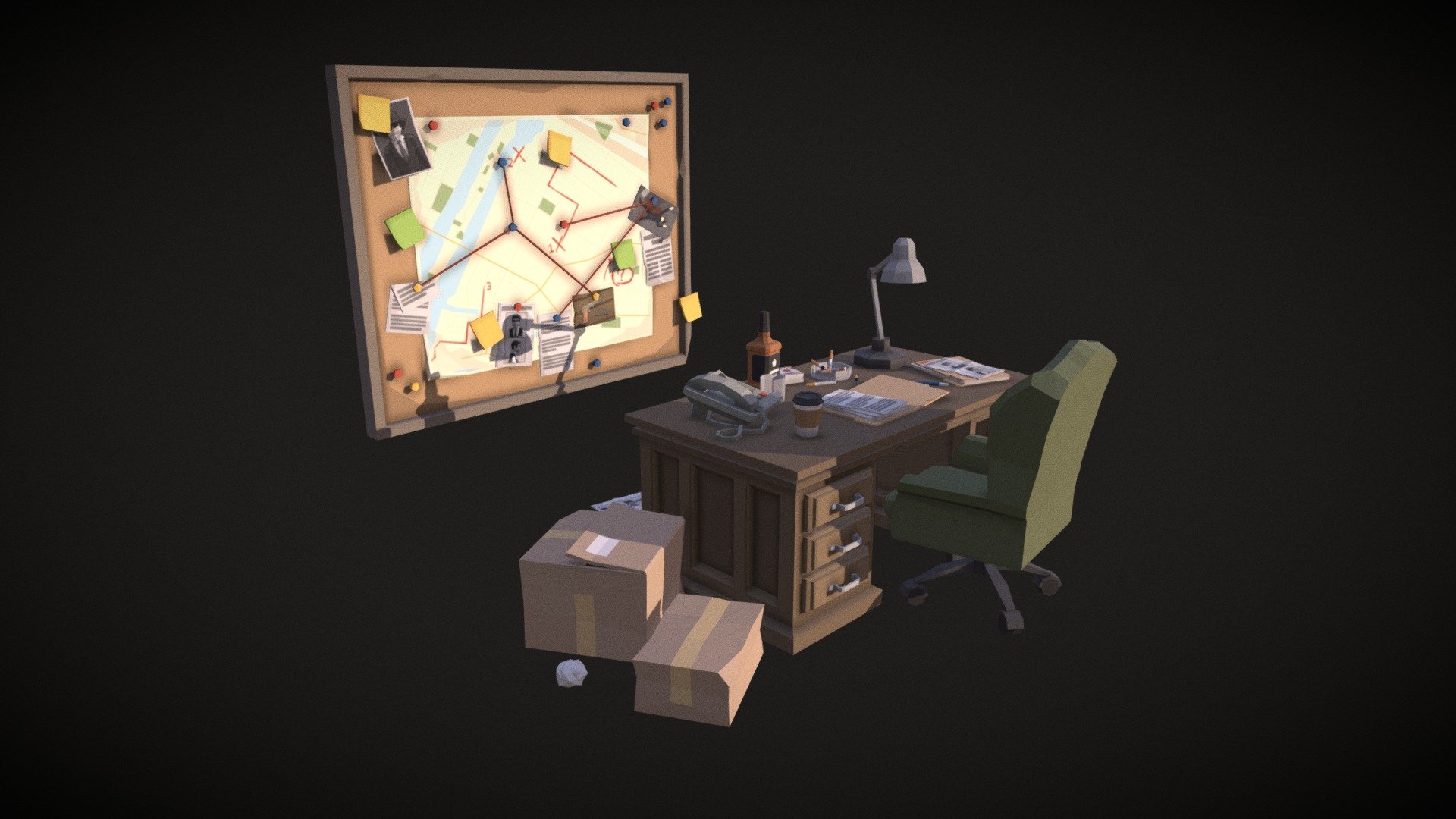 Hello World!

Introducing the Detective Office LowPoly Pack

The set includes: 
* Alcohol bottle
* Alcohol glass
* Armchair
* Box
* 3 Cardboard boxes
* 2 Cigarettes
* Cigarette lit
* Cigarette pack
* Cigarette tray
* Cup coffee
* Desk
* Desk lamp
* 3 Folders 
* 3 Papers
* Paper crumpled
* Paper pile
* Pen
* Phone
* Pinboard
* 
Models include 2 texture maps: Albedo,  Emissive

Doors, drawers - separate, child objects

Formats: FBX, BLEND