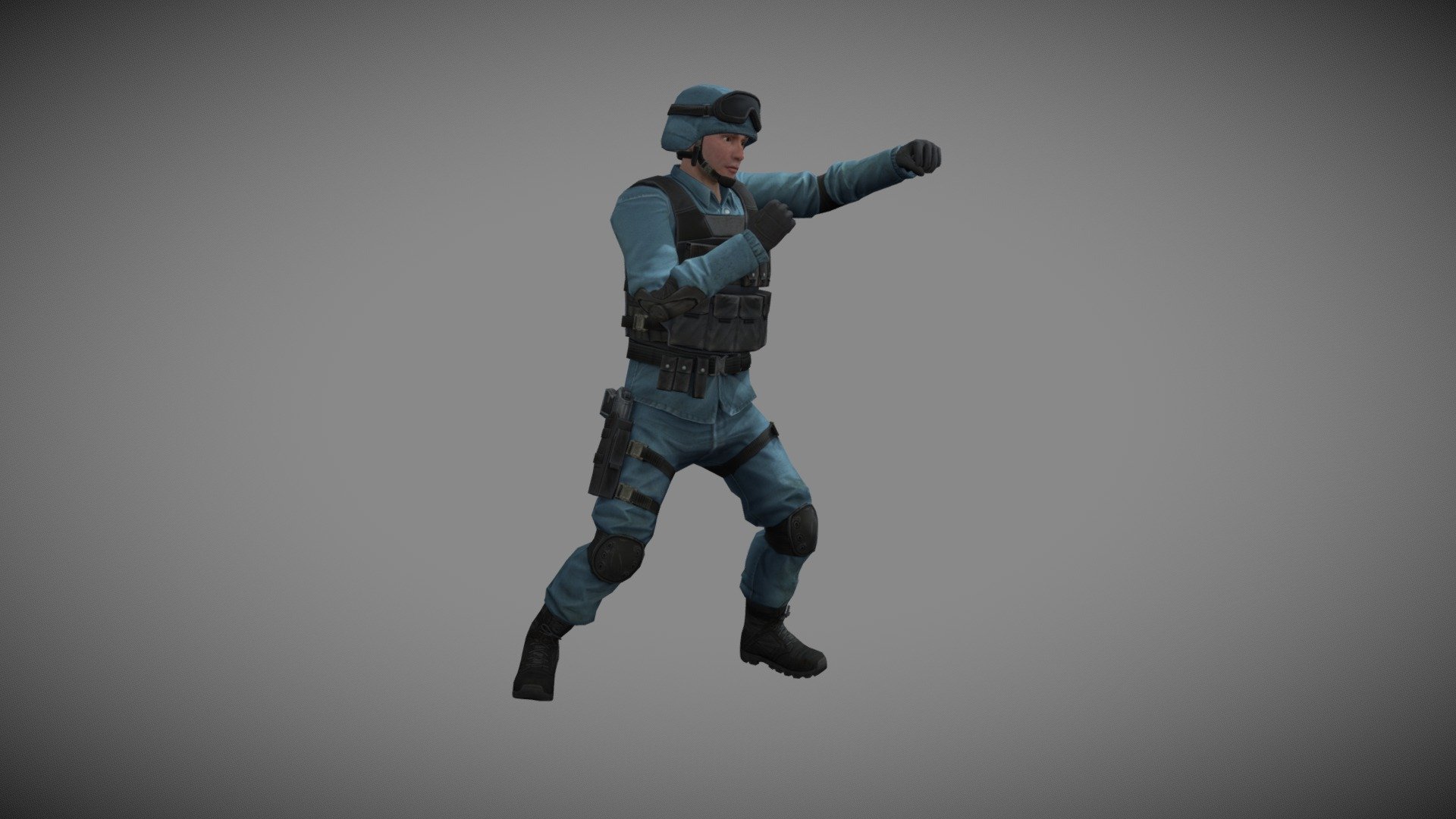 Animated soldier thows punch combiations in this looping animation at 30 frames per second.

See this 3D model in fighting action in the AR Fight Club app for Android, available on Google Play:

https://play.google.com/store/apps/details?id=com.arfightclub.app

Choose your fighting characters, point your phone at the top of a table or desk and watch them battle! Move around the fighters and view from any angle. Hear the spatial sound effects of battle. Join the AR Fight Club today!