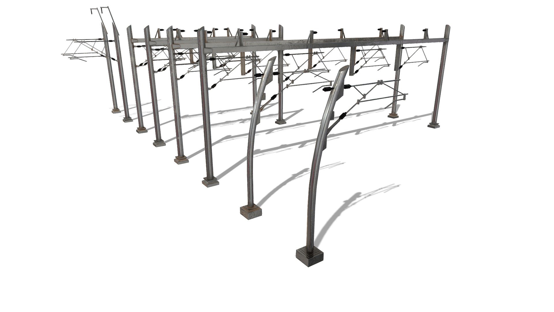 **Train / Rail / Railway Power Lines **
Realtime ready Train / Rail / Railway Power Lines, setup with PBR textures &amp; clean topology for use in 3d development. 

Check out our Main Collections

More in our City Collection

More in our Trains Collection

Low Poly model of some Train Power Lines with Clean and Dirty PBR Textures