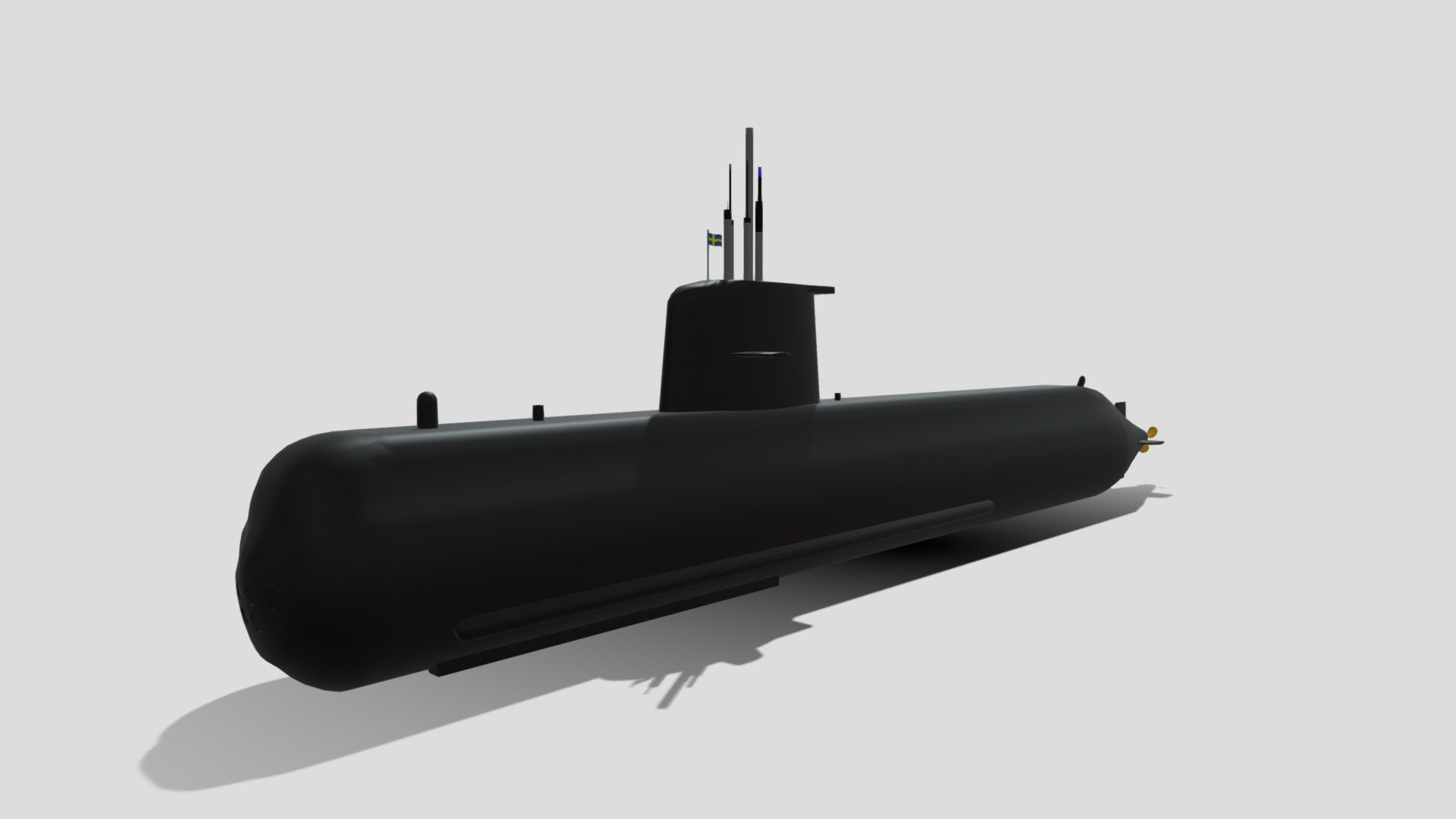[Drainage]
- Water: 1,494 tonnes
- Underwater: 1,599 tons

Length: 60.4 m
Diameter: 6.2 m
DRAWING WATER: 5.6 m

[Maximum speed]
- Award: 11 knots
- Underwater: 20 knots

Submarine depth: 150 m

[Crew member]
- a total of 24-32 people
- 18 to 22 officers

[Engine]
- Propulsion: Diesel-electric/electric (AIP)
- Diesel engine: MTU diesel-electric 1300 mm × 2
- Electric motor: 1 Siemens 1800 horsepower motor
- AIP: Cocums v4-275R Sterling AIP 75kW x 2

Sona: CSU 90-2 type Sona

[Armed]
- Mine: 48 externally mounted mines
- Torpedo: 533mm torpedo tube x 4, 400mm torpedo tube x 2

Since I became a junior in high school, I have not been able to do 3D modeling leisurely, so I will try to make small ships like this in the future. However, I am planning to build a large warship during vacation.

You can use this 3D modeling for games, videos, 3D photography, and more.