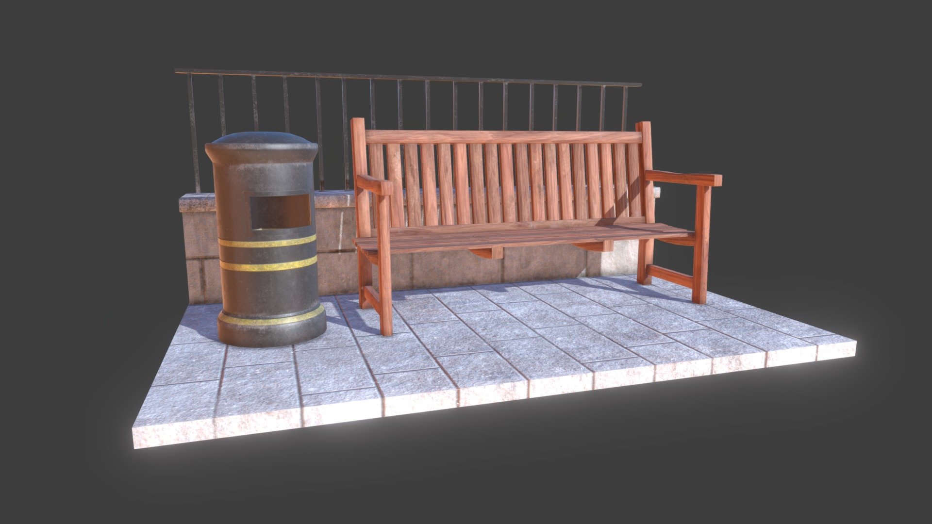 This asset consist of a wooden bench, a dustbin and a concrete plus metal fence.
