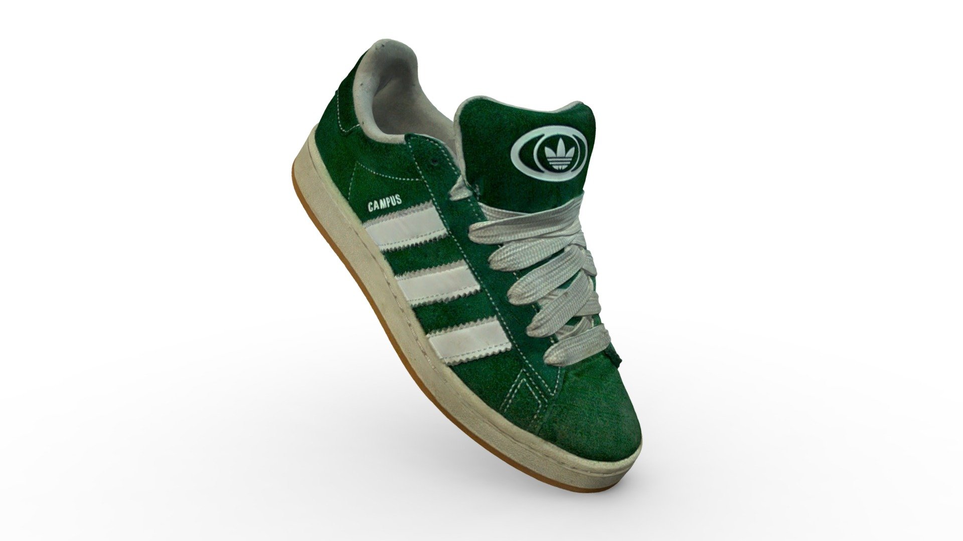 3D scan of Adidas Campus 00s green

https://www.adidas.it/scarpe-campus-00s/H03472.html

File Type: 3D Scan
generated by: @shining3d EinscanPro-HD
all rights reserved to their respective owners.
there is no scan of the left model, use the mirror tool in your 3D editing system.
Shoe size: 43 Eu right model
Material: plastic, rubber, suede, fabric laces
Provenance: My boys' personal shoe rack
Original resolution: 2.499.970 polygons - vert 7.499.910 - 160Mb
Publication resolution: 499.800 polygons - vert 1.499.400 - 35,7MB
Publication Format: GLB
