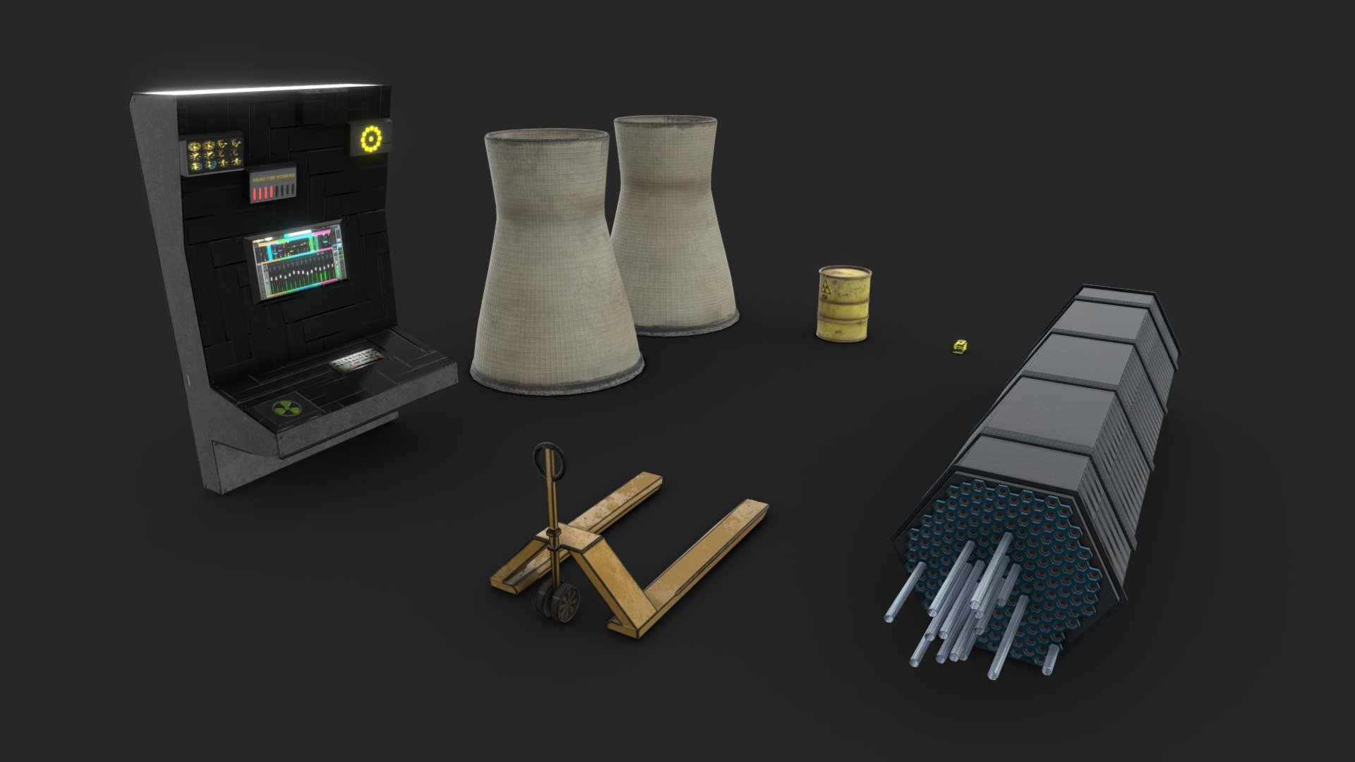 6 game ready static props inspired from items/equipment found in a nuclear power plant. 

The cooling towers are not to size, this is intentional to fit in the demo scene