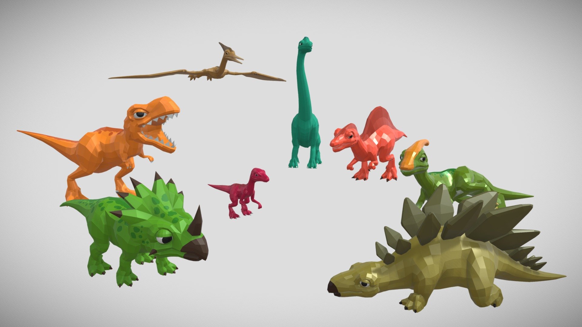 Demo video: https://youtu.be/JlQLjxGMny4

Contents




8 fully rigged dinosaurs

Various animations for each dinosaur

Cute and easy-to-use design

Animations




Brachiosaurus: Idle01, Idle02, Sit, Stand, Walk

Parasaurolophus: Idle, MIsstep, Sit, Stand, Walk

Pterosaurs: Fly, Walk

Spinosaurus: Idle, LookAround, Walk

Stegosaurus: Eat, Idle, Sit, Stand, Walk

Styracosaurus: Attack, Idle, Walk

Tyrannosaurus: Growling, Idle, Walk

Velociraptor: Idle, Run, Touch, Walk

A blender file of each dinosaur's included. You can use the rig, create and adjust animations as you like.

Thank you so much for your interest. Our goal is to create assets that are useful and practical for your project! If you have any question or suggestion, please send us an email to customersupport@jiffycrew.com. We'll be more than happy to help.