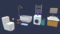 Cute Bathroom Set bathroom, cute, life, toilet, bathtub, living, washingmachine, cozy, lowpoly, 3dmodel, gameready, hypercasual, kwami, hypercasual-3d-model, waterstation