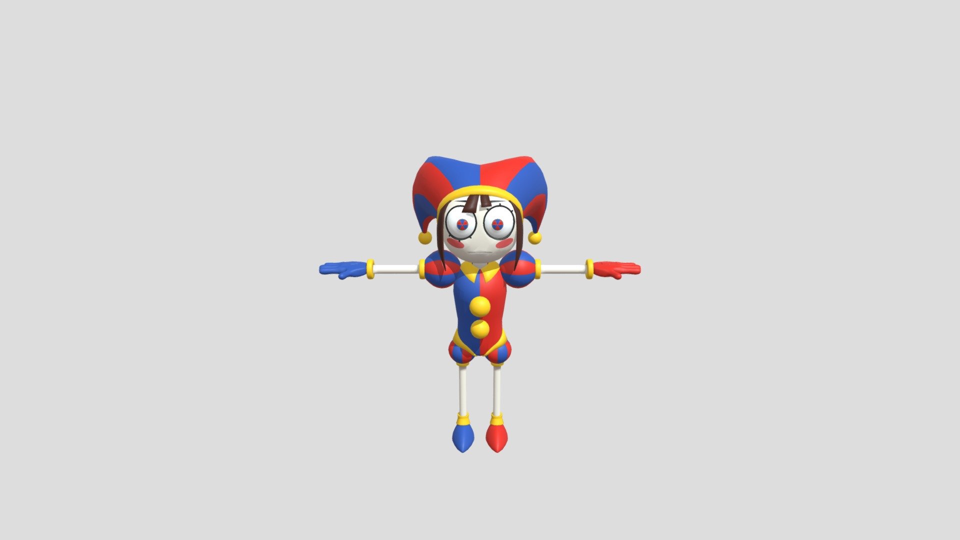 This is a 3D Pomni model made for VRM export.

If you want the VRM already exported you can find it on the following link

If you are having problems with the blendshapes just swap the basis and neutral blendshapes on the list.