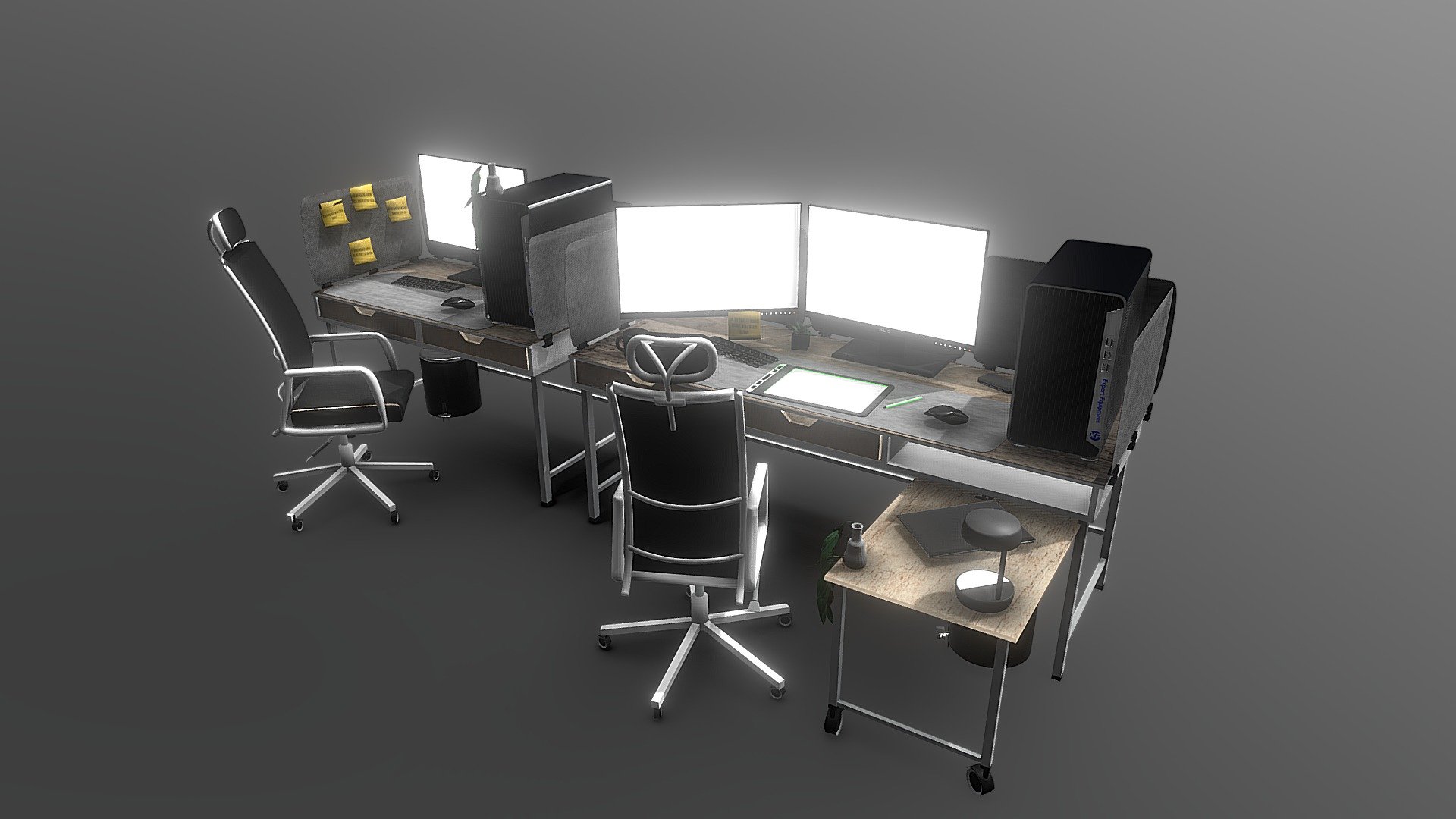 Pack of office assets, to be more precise, a graphics designing and 3D artist office, complete of post its and hardware!

Made for asset purposes, means you can put them wherever you need.

Made with Blender 3.2.1
