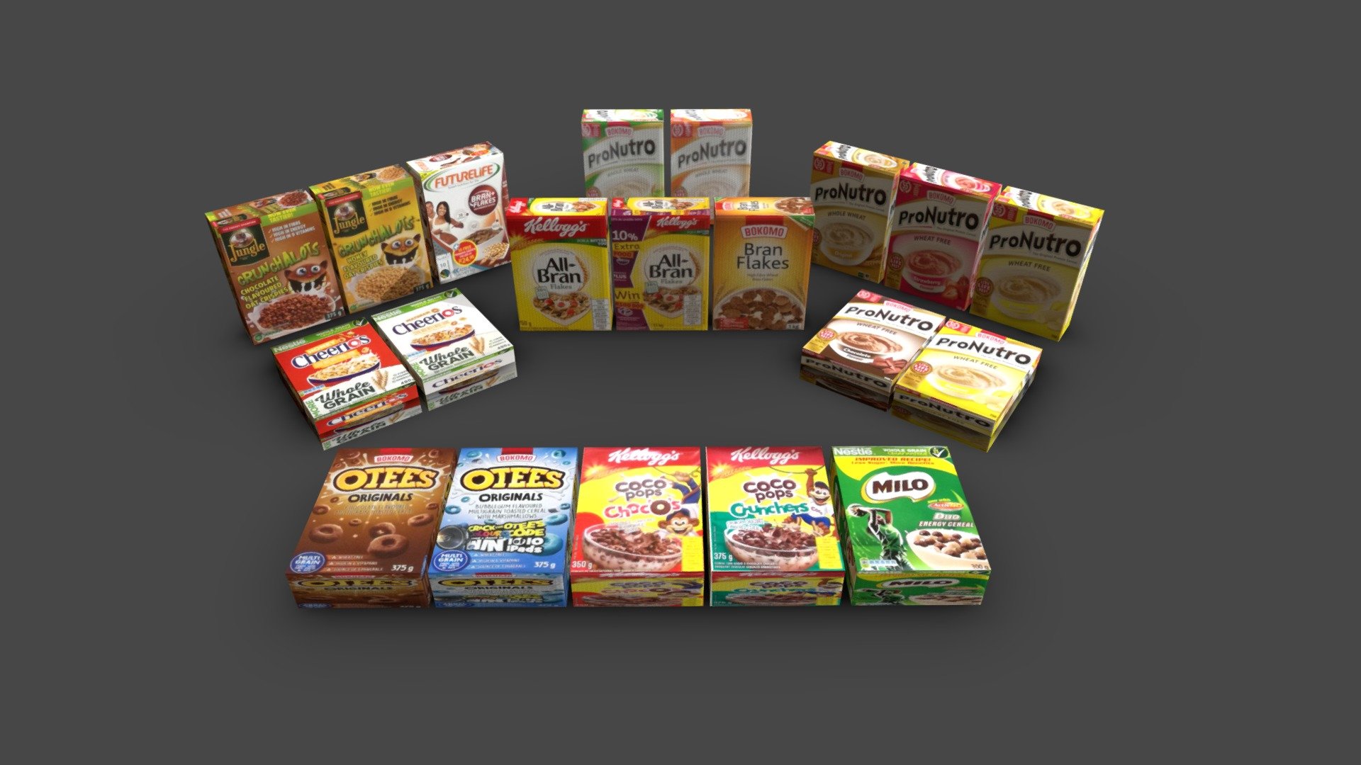 This is a collection od 20 cereal boxes on shelf. Create in store supermarket 3d scenes and environments quickly. Visualize shop interiors. it is low poly so VR friendly

Format: Blender - Native
Max 2015
FBX - Exported from max

Materials: Blender - Principaled Max - Standard

Scale 1:1

UVWs: Unwrapped, Mixed

The cereal brands are: kelloggs All Bran Bokomo Bran flakes Bokomo Pronutro Bokomo Otees Kelloggs Coco pops Nestle milo Nestle Cheerios Jungle Oats Crunchalots Futurelife