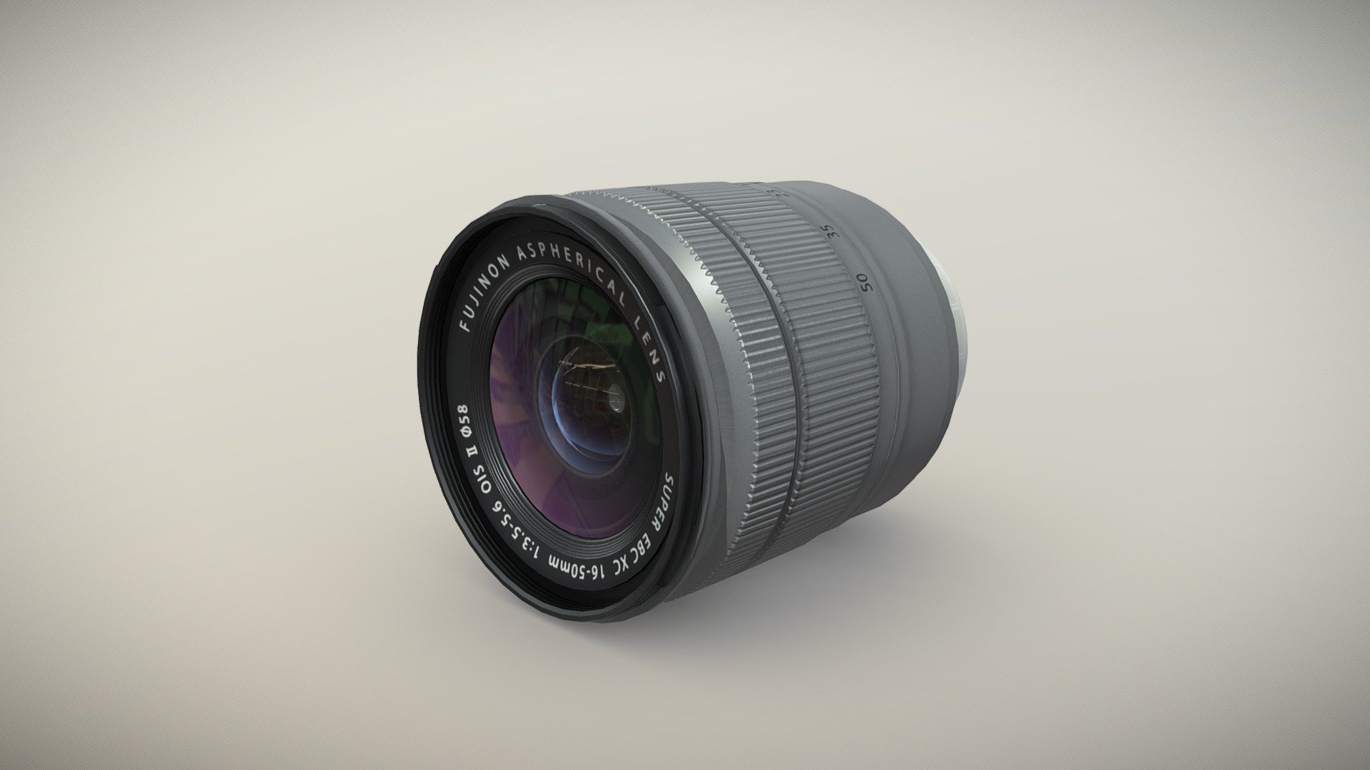 •   Let me present to you high-quality low-poly 3D model Fujifilm Fujinon XC16-50mm f/3.5-5.6 OIS II Lens. Modeling was made with ortho-photos of real lens that is why all details of design are recreated most authentically.

•    This model consists of two meshes, it is low-polygonal and it has three materials (Lens body and Glass of Lens).

•   The total of the main textures is 4. Resolution of all textures is 4096 pixels square aspect ratio in .png format. Also there is original texture file .PSD format in separate archive.

•   Polygon count of the model is – 3712.

•   The model has correct dimensions in real-world scale. All parts grouped and named correctly.

•   To use the model in other 3D programs there are scenes saved in formats .fbx, .obj, .DAE, .max (2010 version).

Note: If you see some artifacts on the textures, it means compression works in the Viewer. We recommend setting HD quality for textures. But anyway, original textures have no artifacts.