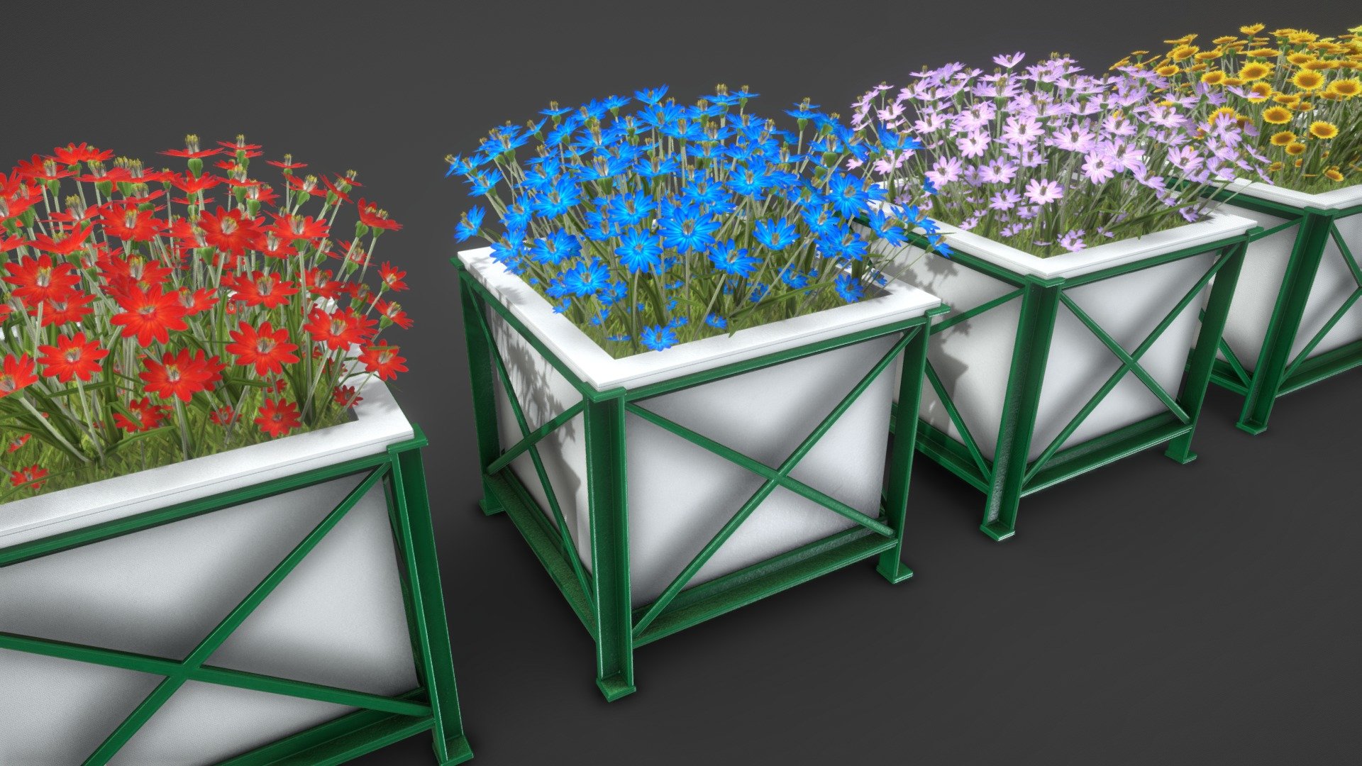 A revised version of the flower planter collection.




The flower planter is now pbr textured (4k).






Object Name - City Flower Pot Blue Flowers 

0.904m x 0.905m x 1.005m

Polygons = 6491






Object Name - City Flower Pot Red Flowers 

0.904m x 0.905m x 1.005m

Polygons = 6491






Object Name - City Flower Pot Sunflowers 

0.904m x 0.905m x 1.025m

Polygons = 5687






Object Name - City Flower Pot Violet Flowers 

0.904m x 0.905m x 1.005m

Polygons = 6491






Object Name - City Flower Pot White Flowers 

0.904m x 0.905m x 1.005m

Polygons = 6491






Object Name - City Flower Pot Yellow Flowers 

0.904m x 0.905m x 1.005m

Polygons = 5699






Object Name - Flower Planter  

0.744m x 0.744m x 0.656m

Polygons = 1920






old version



3d-modelled and textured by 3DHaupt in Blender-3D