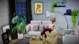 Lie down in living room 3D scene (Rigged + BPR) toonshader, bpr, modling, sketchfabweeklychallenge, unity, 3d, blender, rigged, 06lt13