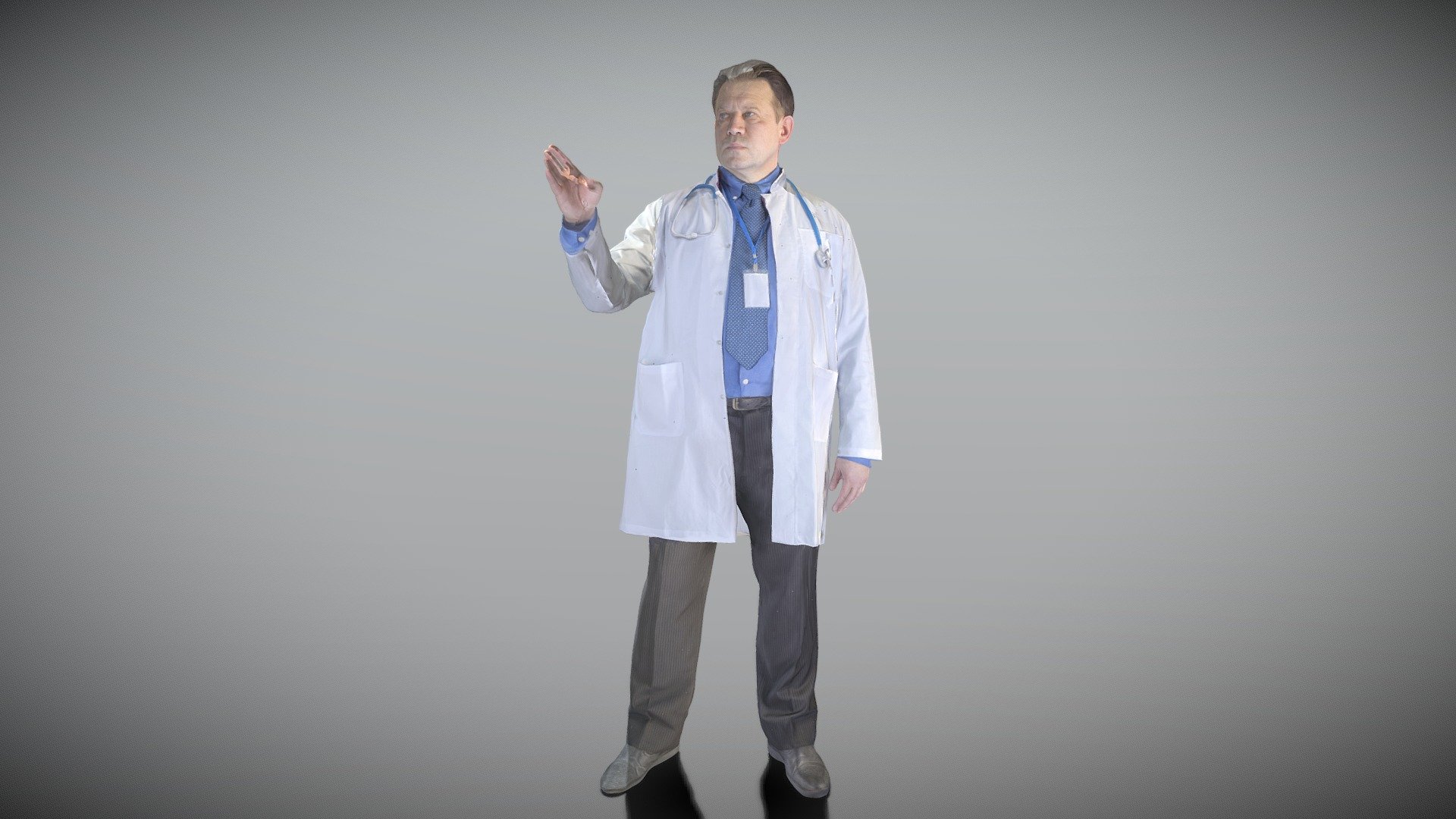 This is a true human size and detailed model of an adult man of Caucasian appearance dressed in a surgical uniform. The model is captured in typical professional pose to perfectly match a variety of architectural and product visualizations, be used as a background or mid-sized character in advert banners, professional products/devices presentations, educational tutorials, etc.

Technical characteristics:




digital double 3d scan model

decimated model (100k triangles)

sufficiently clean

PBR textures: Diffuse, Normal, Specular maps

non-overlapping UV map

Download package includes Cinema 4D project file with Redshift shader, OBJ, FBX files, which are applicable for 3ds Max, Maya, Unreal Engine, Unity, Blender, etc. All the textures included into the main archive.

BONUSE: in this package you will also get a high-poly (.ztl tool) clean and retopologized automatically via ZRemesher 3d model in zBrush, thus youll be able to make your own editing of the purchased 3d model.

3D EVERYTHING