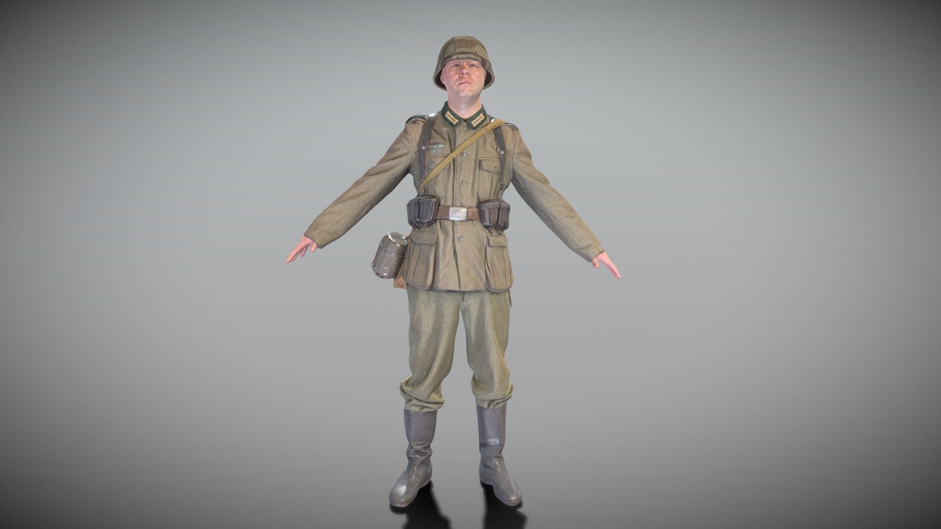 This is a true human size and detailed model of a brave soldier dressed in Wehrmacht uniform from 1940s. All props and suit are original. The model is captured in the A-pose with mesh ready for rigging and animation in all most usable 3d software.

Technical specifications:




digital double scan model

low-poly model

high-poly model (.ztl tool with 6 subdivisions) clean and retopologized automatically via ZRemesher

fully quad topology

sufficiently clean

edge Loops based

ready for subdivision

8K texture color map

non-overlapping UV map

ready for animation

PBR textures 8K resolution: Normal, Displacement, Albedo maps

Download package includes a Cinema 4D project file with Redshift shader, OBJ, FBX, STL files, which are applicable for 3ds Max, Maya, Unreal Engine, Unity, Blender, etc. All the textures you will find in the “Tex” folder, included into the main archive.

3D EVERYTHING

Stand with Ukraine!