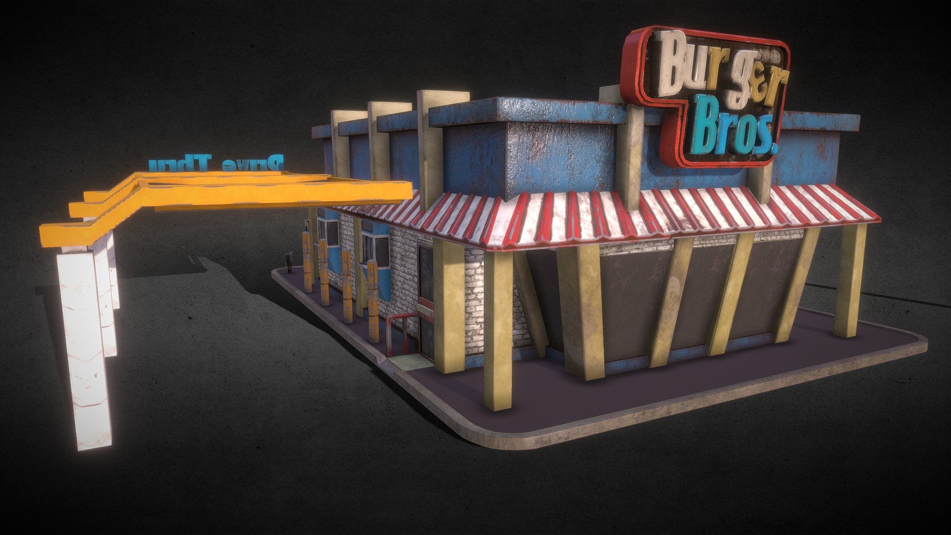 Low poly fast food burger franchise building for a post apocalyptic scene, animation or video game environment