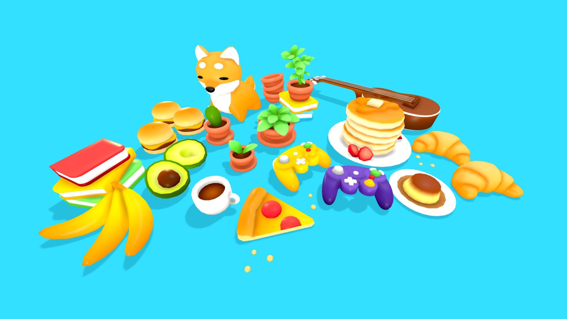 A pack of common objects you may find in a teen bedroom or a living room. Plants, Gamecube controllers, plants and food!

This pack is a bit older and was not splitted in separated fbx files