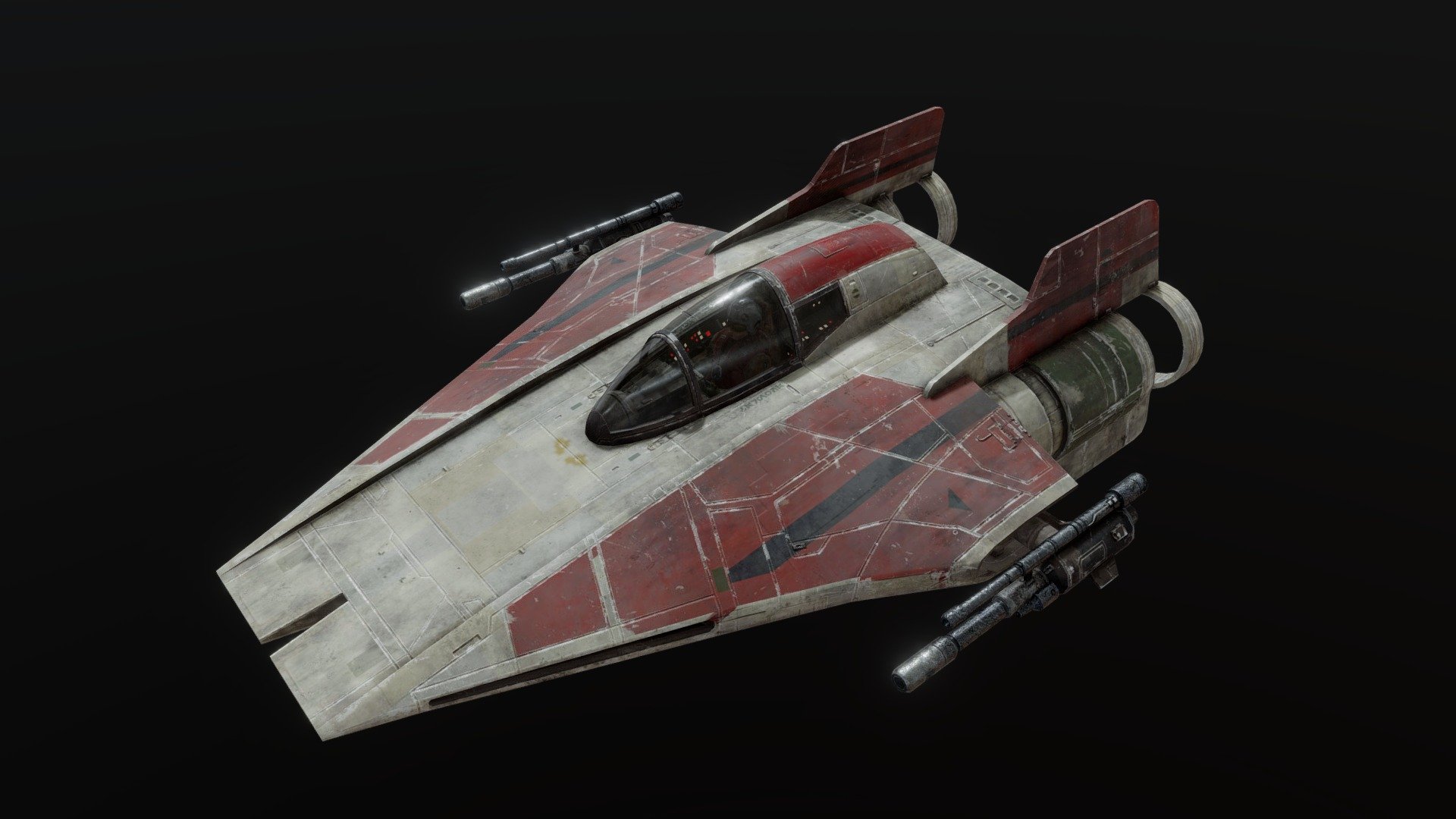 Very happy with this one- a low poly pbr model of an A-wing, somewhere in between the Star Wars: Rebels and Return of the Jedi versions, complete with a low detail cockpit interior and pilot, and some of my best textures yet. The overall proportions and colorscheme are inspired by Rebels, but the engine tips, split nose and laser cannons are more like RotJ– really this design could go anywhere in the post-Clone Wars timeline.

The glass material uses the same textures as the hull, so if you had a huge fleet and wanted to improve performance, you can apply the hull material to the whole thing to have opaque black shiny glass, and then you could delete the pilot too to save on his material. On the other hand, if you want to get fancier and add some refraction to the glass, the glass pieces are their own separate elements, so it is easy to select them and add a little bit of thickness with a shell/solidify modifier in your 3D software of choice. Some lights in the engines will also make it look fancier. Enjoy!