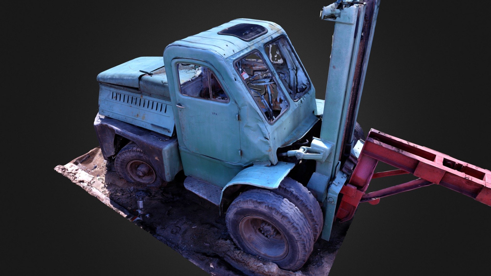 Lviv forklift AP-4045 was in production around 1960-1980.

Original model faces were around 77 millions, so it was decimated to 200K faces + original geometry baked in 16K normals map + 16K ambient occlusion map + 16K diffuse map (to fit in 200 megabytes limit).

Processed from 1569 photos: high quality depthmaps built in 4 hours, model from depthmaps built in 10 hours (i7-6700 CPU + 16 GB RAM + R9 390X GPU).