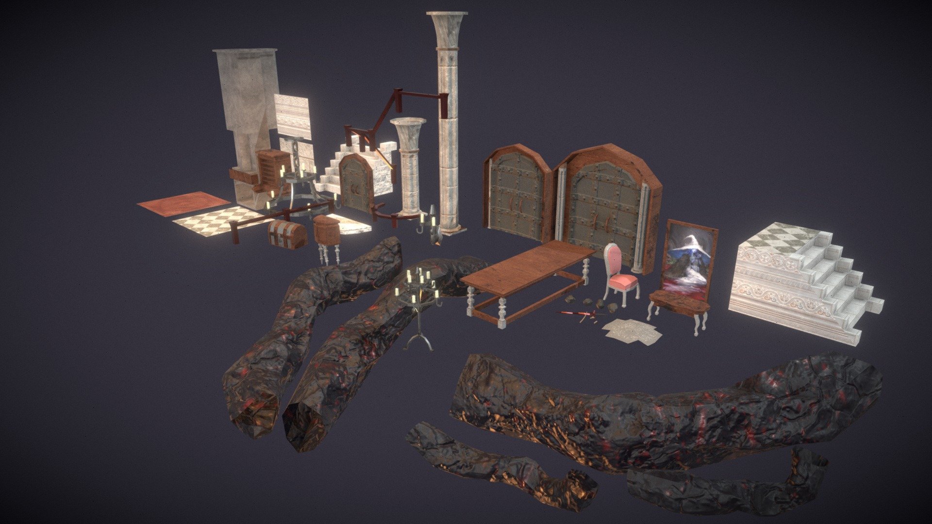 Props de escena con tematica fantasia oscura, preparado para videojuegos, utilizando tiles, modelado en Maya 2023 y texturizado en Substance Painter. 
Dark fantasy themed scene props, prepared for videogames, using tiles, modeled in Maya 2023 and textured in Substance Painter.
Scene link below:
Escena: https://skfb.ly/oBxRX !