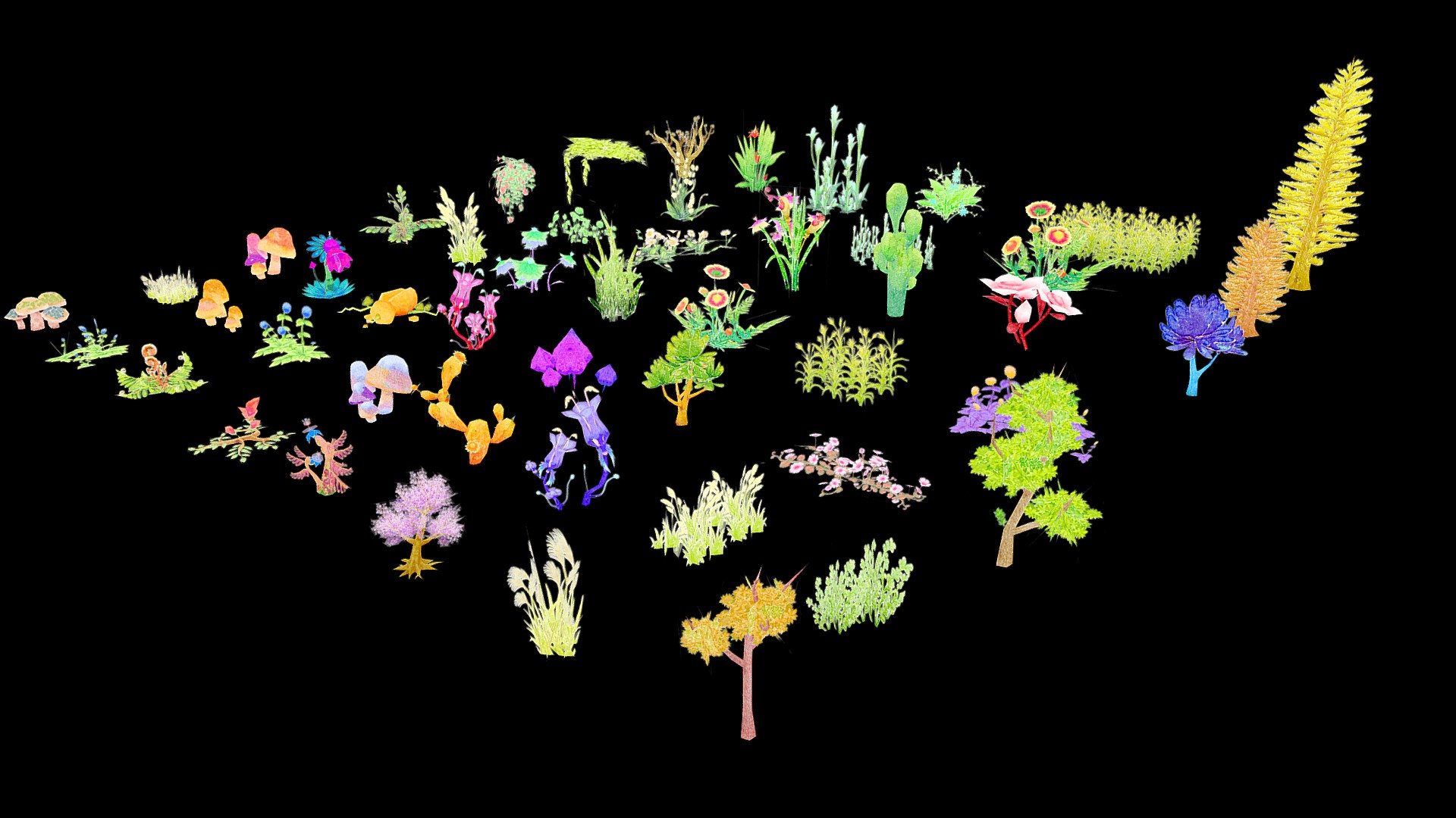 A package of low polygonal plants.The package contains 50 objects. 
Objects are optimized as much as possible. The total polygon is 18119 triangles. 



Triangles: 40 to 2368 
Vertexs: 40 to 2884 
Only Textures Diffus duplicated in resolution 1024 and 512. Format textures of PNG. Files include: 3Dsmax, 3Ds, Obj, Fbx and folder with textures. Ready import to game project (Unity, Unreal) 



If there is a need for any type of model, send a message! We will provide. 
Thanks for your interest and love! 



Note: Watercolor style illustrations 
It is recommended to use flat lighting or shaderless material
