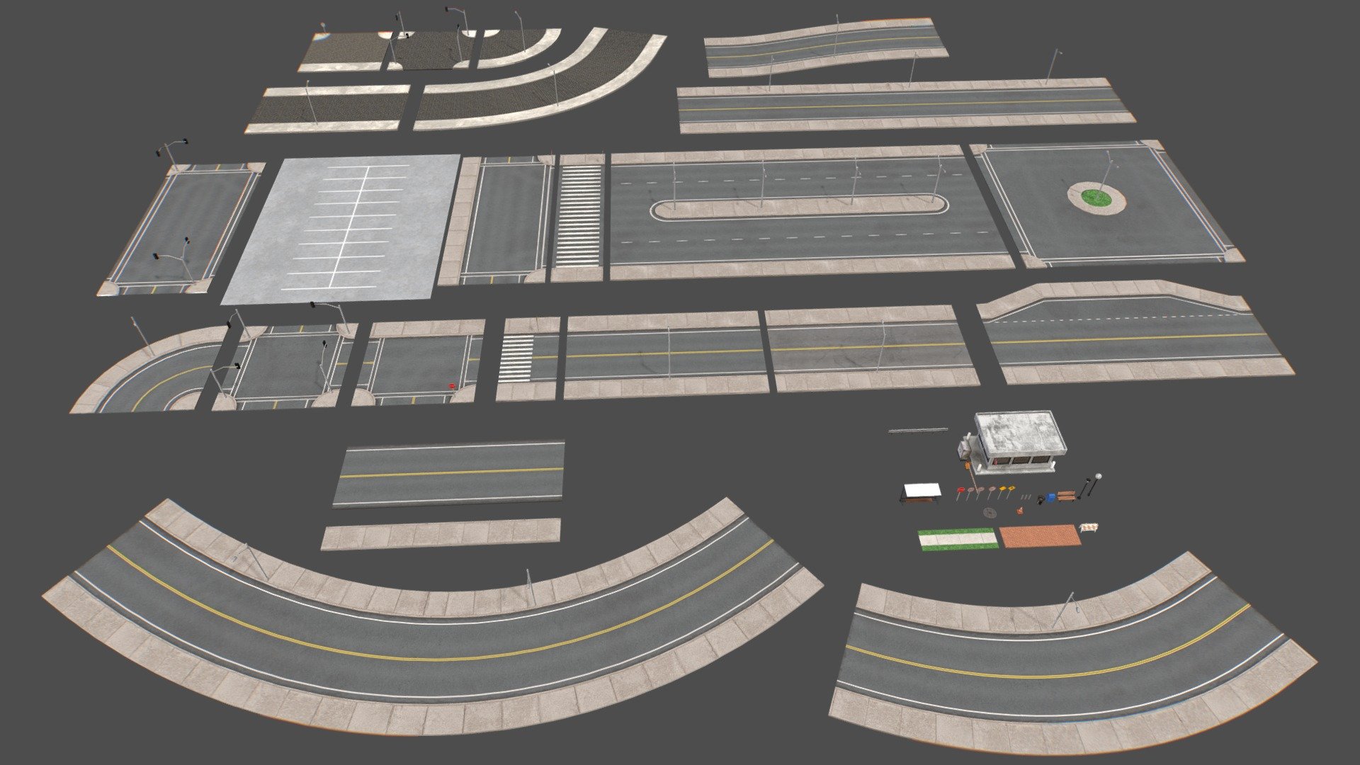 Features:




Low poly.

Optimized.

Game ready.

All objects are in a single scene for ease of use.

Contains a road rigged to create the possibility to flex in any direction or height.

All parts fit perfectly.

Easy to use and modify.

UV maps are not overlapping, so textures can be modified easily.

Create multiple possibilities with modular parts.

Textures PBR included and materials applied.

All parts are separated and named.

All formats tested and working.

Textures MetalRough and SpecGloss 2048x2048

Formasts:




Blender (native)

FBX

OBJ

DAE

Unity

Unreal Engine
