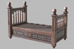 Bed bed, vintage, antique, classic, lathe, old, childroom, cartoon, wood, animation, stylized