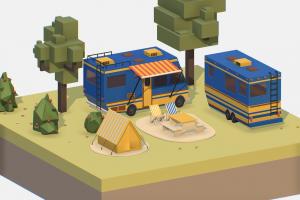 isometric blue tourist van on halt in meadow landscape, camping, van, trailer, camion, highway, wagon, jeep, camp, travel, holiday, journey, holidays, isometric, waggon, place, outlet, plage, illustration, trip, campsite, relaxation, tranport, autobahn, isometrical, car, sport