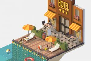 Isometric Relax Pool on Hotel Loungers scene, cafe, tile, hotel, scenery, umbrella, pool, summer, bay, water, isometric, chaise-longue, swimming, longue, reservoir, recreation, relaxation, isometrical, ring, loungers, basein