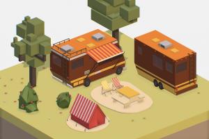 isometric brown tourist van on halt in meadow landscape, camping, van, trailer, camion, highway, wagon, jeep, camp, travel, holiday, journey, holidays, isometric, waggon, place, outlet, plage, illustration, trip, campsite, relaxation, tranport, autobahn, isometrical, car, sport