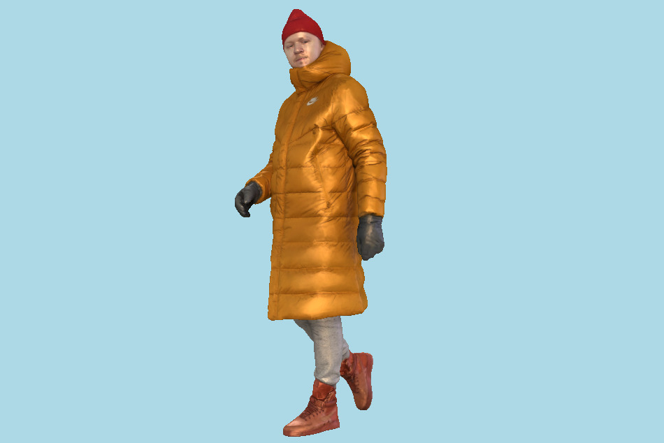 Stylized Man Walking in Yellow Down Jacket 3d model