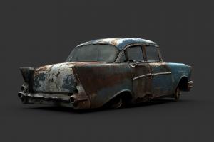 Wrecked 57 abandoned, sedan, saloon, generic, rusty, classic, 1950s, scan, gameasset, car, blue, gameready