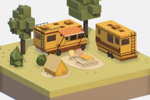 isometric yellow tourist van on halt in meadow landscape, camping, van, trailer, camion, highway, wagon, jeep, camp, travel, holiday, journey, isometric, waggon, outlet, plage, illustration, trip, campsite, relaxation, tranport, isometrical, car