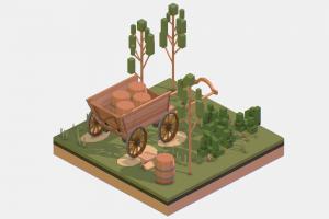 Isometric Village Wood Cart Barrel tree, wheel, barrel, polygonal, float, cart, bun, vat, path, bush, isometric, cask, rill, wain, isometry, dray, isometrical, bbl, wood, village