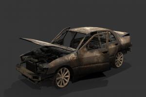 Burned Car Test abandoned, sedan, post-apocalyptic, generic, ruined, destroyed, burnt, burned, nuked, bombed, gameart, car, gameready