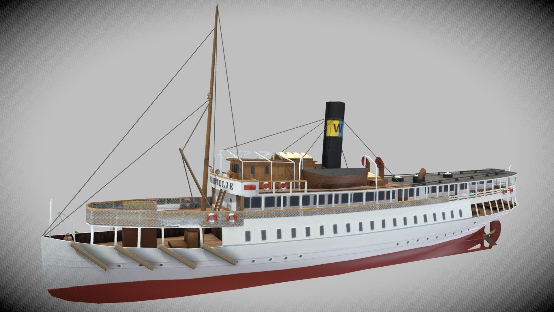 This is a low poly (&lt;10k) version of S/S Norrtelje, a 44 meter long passenger steamer built in Stockholm in 1900. I've made it (and her sister ship Express) for my Sthlm1925 project in Cities: Skylines.

A 1M tris 3D-scan of a physical model of this ship has been uploaded by the Swedish National Maritime And Transport Museums, under CC Attribution license.

This is loosely based on that scan, but I've modeled this completely from scratch. I've reused some parts of the texture.

So my model should look fairly similar to the 3D scan, but it has less than 1% of the geometry and one (diffuse) 1k  texture instead of four 8k textures 3d model