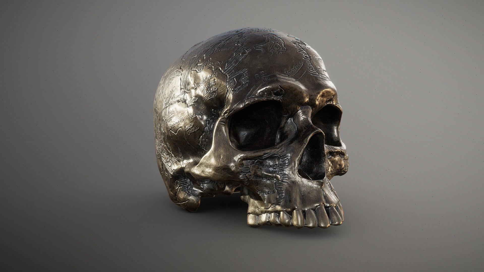** Bronze Treasure Skull Figurine **

Depicts a Secret Pirate Treasure Map and Navigation Symbols Carved Into an Old Skull, Giving it the Look of an Ancient Relic.

12.1 x 18.1 x 13.1 cm (44 micrometers per texel @ 8k)

Scanned using advanced technology developed by inciprocal Inc. that enables highly photo-realistic reproduction of real-world products in virtual environments. Our hardware and software technology combines advanced photometry, structured light, photogrammtery and light fields to capture and generate accurate material representations from tens of thousands of images targeting real-time and offline path-traced PBR compatible renderers.

Zip file includes low-poly OBJ mesh (in meters) with a set of 8k PBR textures compressed with lossless JPEG (no chroma sub-sampling) 3d model