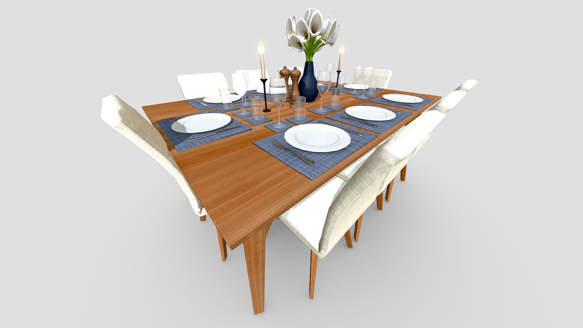 This dining room set is ready to be used in a game or pre-visulisation.
Each texture is 2k all on the one uv space. 
The set comes with all assets named and seperated into groups. 
Drinking Glass - 250 polys
Wine Glass - 440 polys
Table - 184 polys
Chairs - 258 polys
Mats - 13 polys
Vase - 480 polys
Calla Lily - 392 polys
Salt and Peper grinders 896 polys
Candles - 436 polys
Plate with knife and fork - 704 polys (combined) - Dining Table - Buy Royalty Free 3D model by Mike Nixon (@MichaelNixon) 3d model