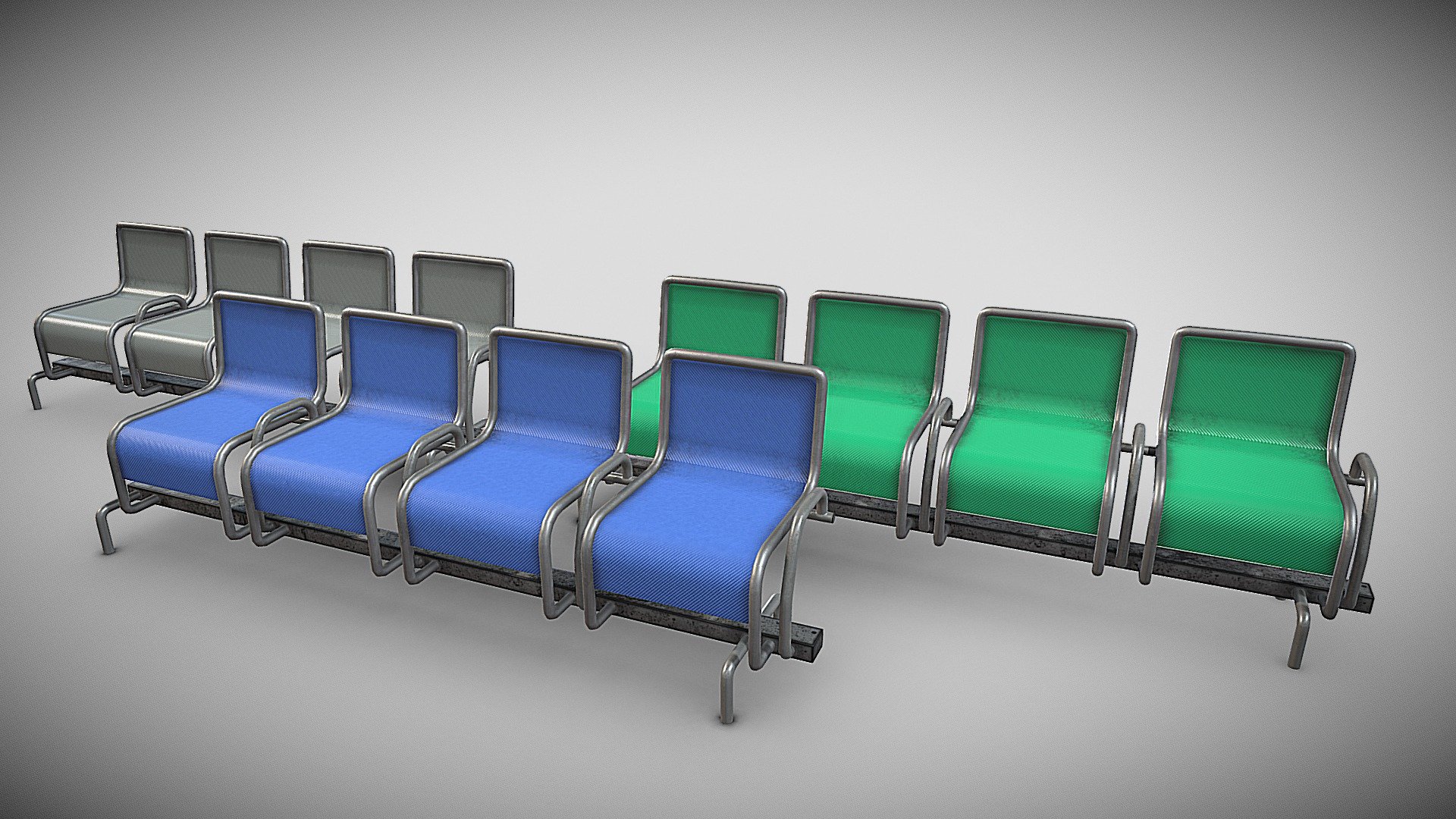 A collection beam seating.  (blue, green and grey) Useful prop to use in any sort of interior scene such as a waiting room, office or a train station. 

PBR textures @4k. 

all assets tested in unreal engine - Beam Seat collection - Buy Royalty Free 3D model by Sousinho 3d model