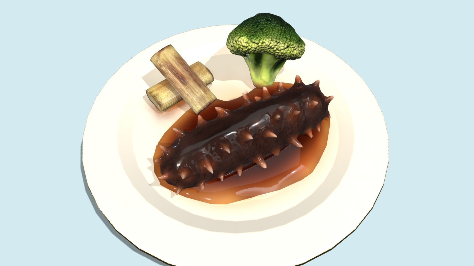 Hi~ It is a Asia food_Braised sea cucumber

It has 4860 Polys and 4822 Vertex.
It can be used in game,VR,AR,CG. 

It have 5 textures(PBR)

2048*2048 size

BaseColor1
Ao1
Metallic1
Normal1
Roughness*1

Display pics use Marmoset Toolbag to render.

I hope you like it~

Thank you.If you have any question , please tell me 3d model