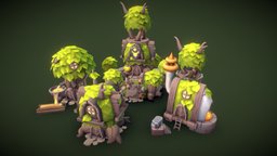 Elf RTS Building Set toon, elf, realtime, rts, strategy, barracks, cutter, smithy, game, lowpoly, wood, fantasy