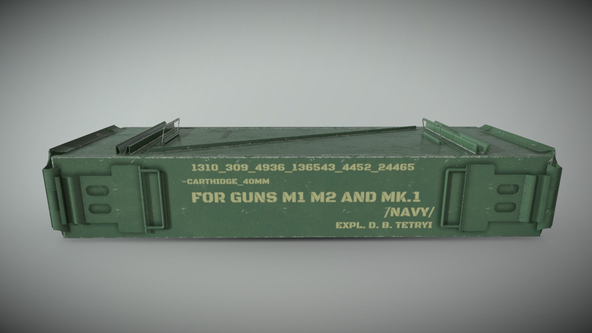 3D game-ready model of Ammo Crate

PBR 4k texture set. Made with one own material.

Can be used in games as well as render pictures 3d model
