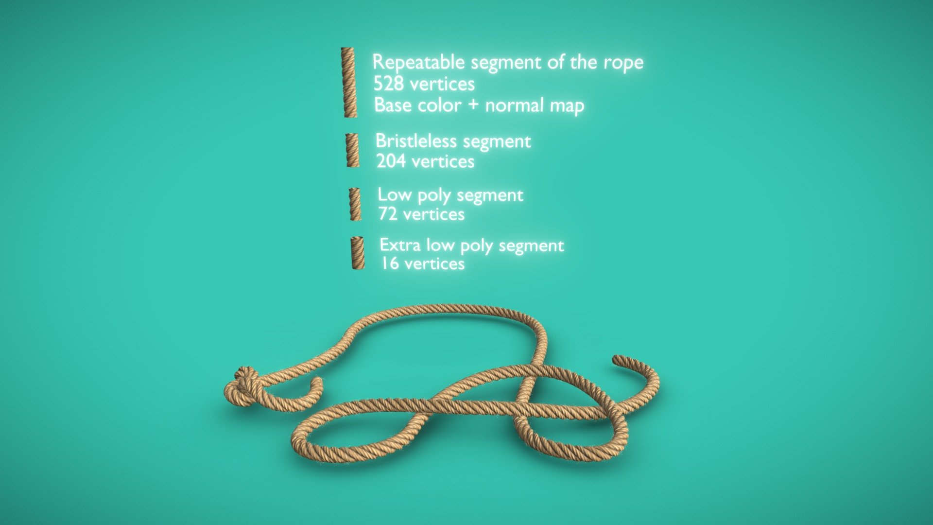 Repeatable low poly rope with an array + curve

Tutorial video:
  - Repeatable game ready rope segment - Download Free 3D model by chopsuey (@chopsuey.wol) 3d model