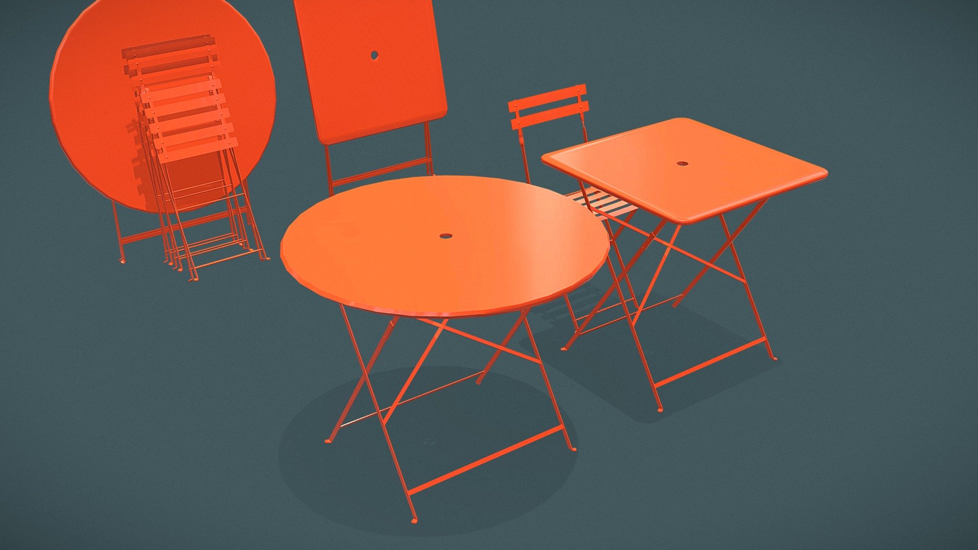 Folding metallic tables and chairs.
Four table models, square or circular, folded or unfolded.
Two chair models, folded or unfolded.

Model created with Modo 14. 

File formats :




.lxo (modo 14)

.abc

.dae

.blend (Blender 2.9)

.obj

.fbx (2018)
 - Bistrot metal tables and chairs - Buy Royalty Free 3D model by boriscargo 3d model