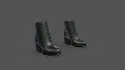 Black Leather Mid Thick Heels Ankle Female Boots girls, mid, shoes, ankle, heels, womens, thick, chunky, pbr, low, poly, female, black, zips