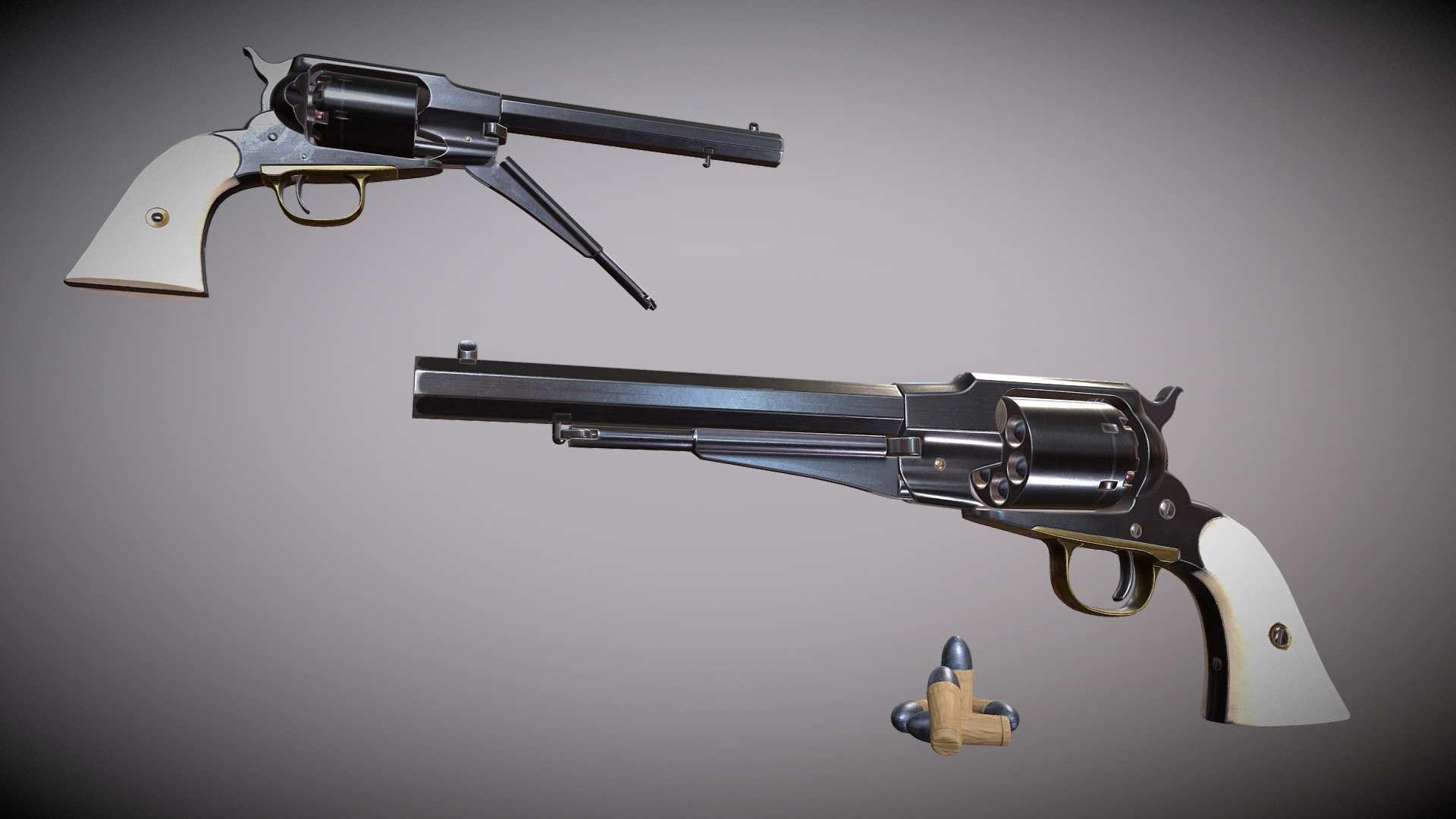 Remington New Model .44 (Army) caliber, used during the American Civil War, and was the beginning of a successful line of medium and large frame pistols
Textures 4k PBR Metallic Roughness

high poly modeling done in blender and ZBrush

Low poly done in blender

Textured in Substance painter, baked and rendered using Marmoset Toolbag 4 - Remington 1858 - Buy Royalty Free 3D model by Wallerion 3d model