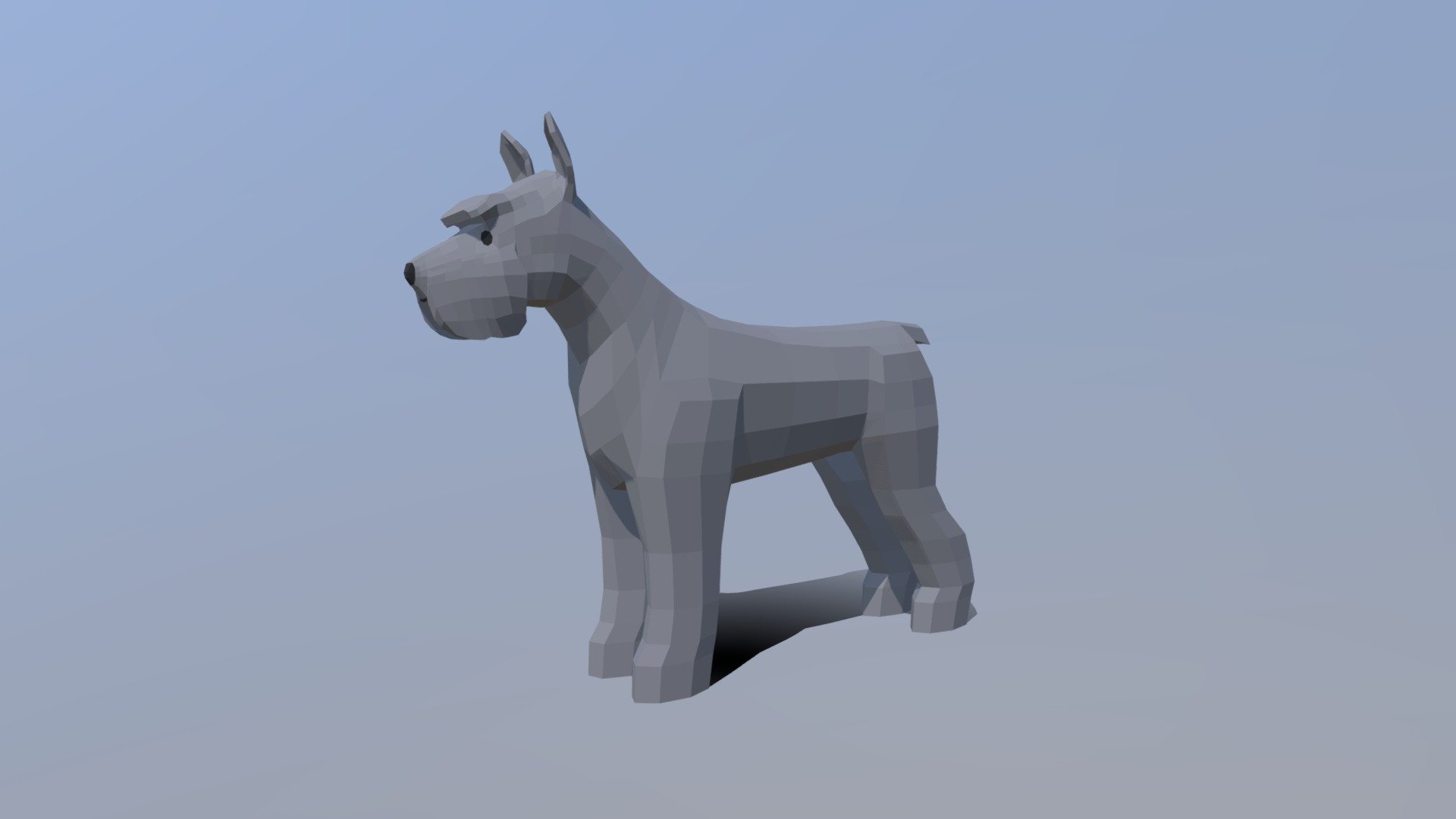 This is a low poly 3D model of a Standard Schnauzer dog. The low poly dog was modeled and prepared for low-poly style renderings, background, general CG visualization presented as a mesh with quads only.

Verts : 912 Faces : 910.

The 3D model have simple materials with diffuse colors.

No ring, maps and no UVW mapping is available.

The original file was created in blender. You will receive a 3DS, OBJ, FBX, blend, DAE, Stl.

All preview images were rendered with Blender Cycles. Product is ready to render out-of-the-box. Please note that the lights, cameras, and background is only included in the .blend file. The model is clean and alone in the other provided files, centered at origin and has real-world scale 3d model