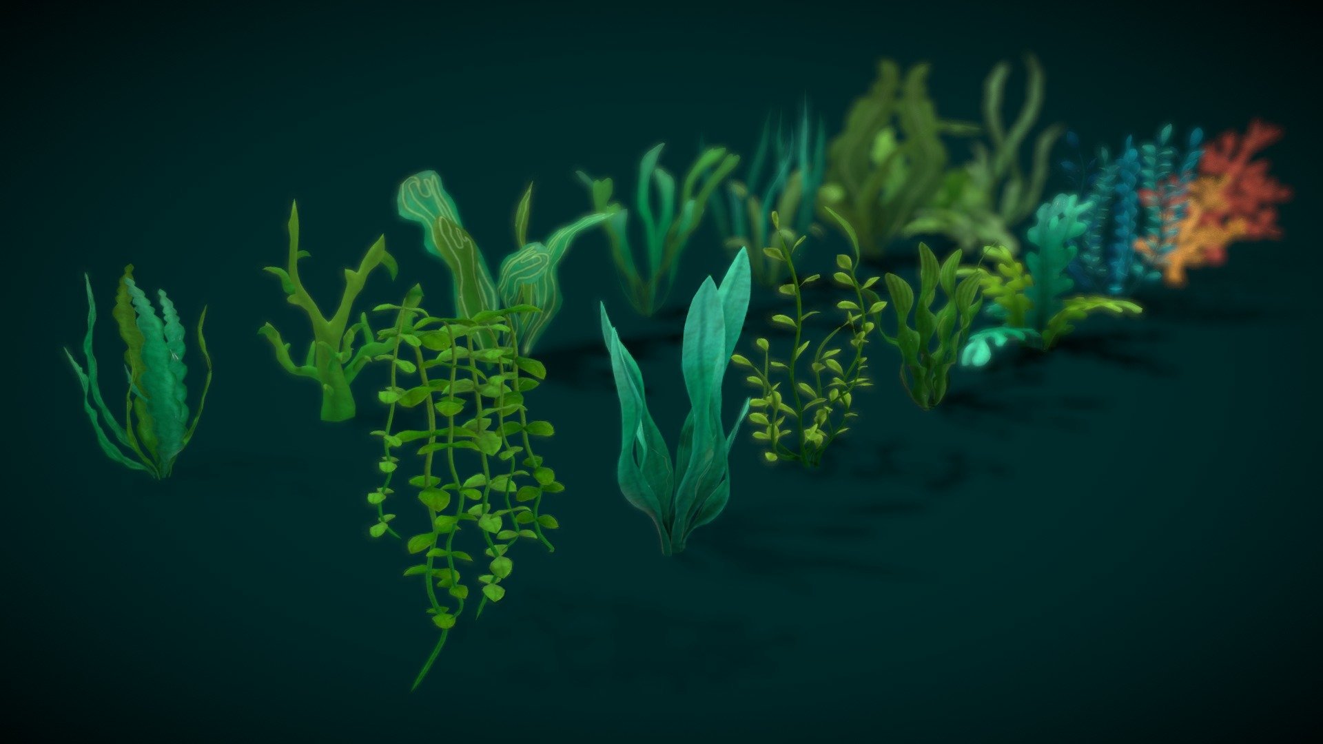 This is Cartoon Seaweed 10 is now available with animation for some coral!
As its name, this asset is extensively packed for easy creation of complex underwater environments.
All elements help you to create a colorful world for an aquarium game, fishing game, or simply decoration item in your social game! 
Pack contains 16 +prefabs, easy to customize your own forest of underwater plants. In detail, the model is attached as below: 
- Seaweed : 16+ types in the 100+ variations 
-  Atlas texture with size 2048/2048 
-  Geometry: +Triangles: 108161 +Polygons: 57461 +Vertices: 55876 - Cartoon Seaweed 10 - Buy Royalty Free 3D model by vustudios 3d model