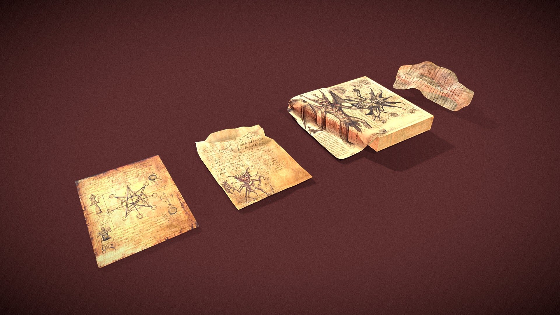 A collection of satanic symbols and old writing paper debris. Handy prop to scatter around any interior environment, such as a haunted house.

PBR textures @4k - Paper debris v2 - Download Free 3D model by Sousinho 3d model