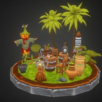 Low Poly Assets Pack tree, lamp, wheel, plant, barrel, assets, oil, vase, palm, chest, painted, totem, shell, steering, treasure, scarecrow, coconut, starfish, game, chair, low, poly, stylized, hand