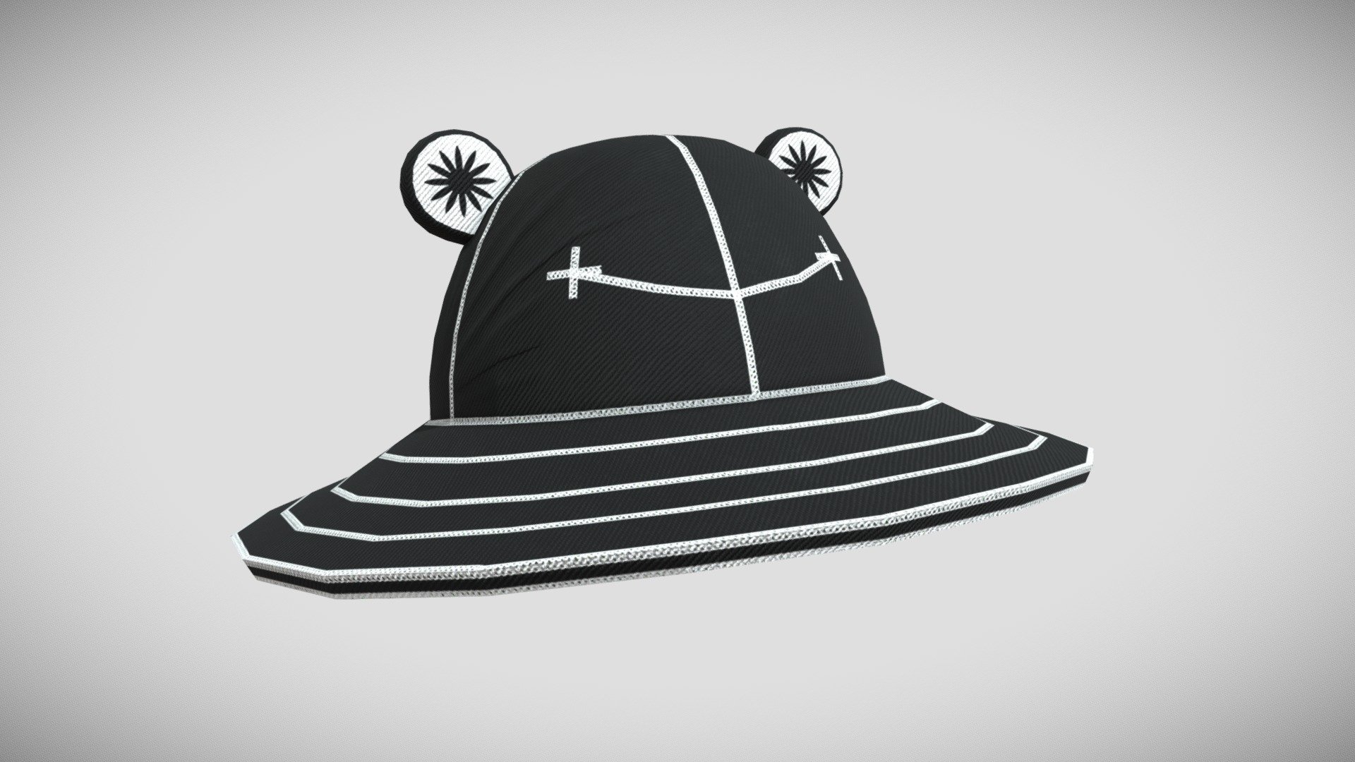 A bucket hat with smily frog. I made 3 versions of the hat, this is the Black version. The others can be found here:

Green:
https://sketchfab.com/3d-models/green-frog-hat-f1dc04e89d594c5f9c6beb9a76652660

White:
https://sketchfab.com/3d-models/white-frog-hat-e5d82ab2d6b04f8382293035e03601de

Modelled in Maya, textured in Substance Painter, entirely by me 3d model